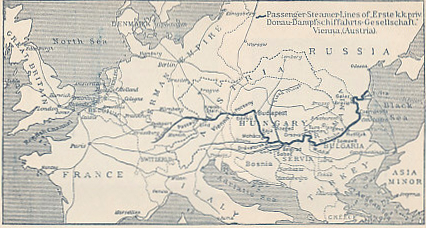Map of the Danube River from the guidebook %i1%The Danube from Passau to the Black Sea,%i0% by The First Imperial Royal Priv. Danube Shipping Co., 1913 edition. It was translated from the German by May O'Callaghan and published in Vienna. Inside the back cover is a booklet %i1%General Remarks-Fares; Time-tables, 1914,%i0% that includes information about 'ships, cabins, combined tickets, luggage and attendance in general on the Company's steamers, etc.'
Text:
Passenger Steamer Lines of 'Erste k.k. priv. Donau-Dampfschiffarhts-Gesellschaft.' Vienna. (Austria).
First Imperial and Royal privileged Danube Steamship Company