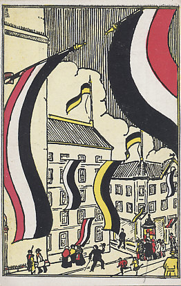 City street scene with German and Austro-Hungarian Hapsburg flags — the Dual Alliance — and a group clustered around a kiosk, likely reading war news and casualty lists. By RS (BS?) 1915. Postmarked October 9, 1916.
Text:
RS (BS?) 15
Reverse:
Postmarked October 9, 1916.
Künstler-Postkarte herausgegeben vom Central-Komitee der deutschen Vereine von Roten Kreuz
Abgabe fur den Wohlfahrtszweck 3 1/2 Pfennig.
Farbenbuchdruck von Döring & Huning, Berlin, SW. 48.
Artist Postcard published by the Central Committee of German Associations of the Red Cross
Levy for charitable purposes 3 1/2 pfenning.
Color letterpress by Döring & Huning, Berlin, SW. 48th