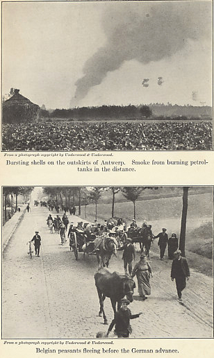 Illustrations for 'The Fall of Antwerp' from Antwerp to Gallipoli by Arthur Ruhl. Shell bursts and smoke from burning petrol tanks are visible in the upper photograph. In the lower, Belgian peasants flee the German advance.
Text:
From a photograph copyright by Underwood & Underwood.
Bursting shells on the outskirts of Antwerp. Smoke from burning petrol tanks in the distance.

From a photograph copyright by Underwood & Underwood.
Belgian peasants fleeing before the German advance.