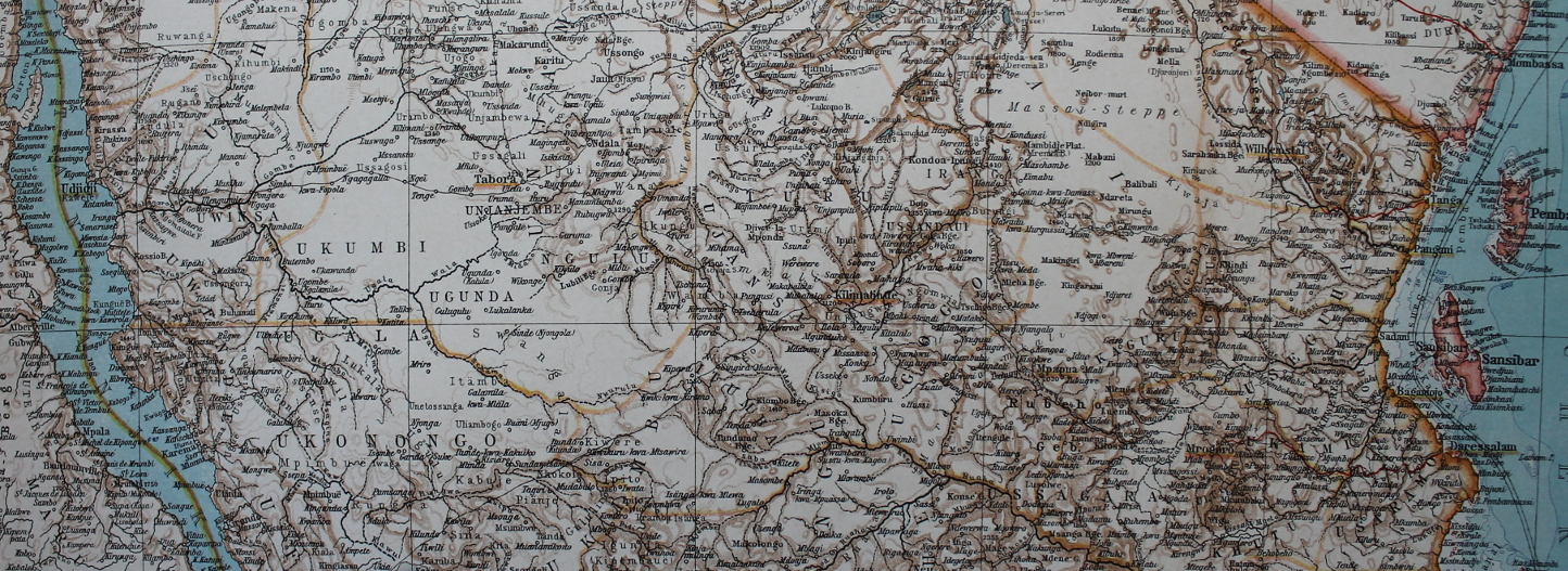 Section of a 1906 map of German East Africa from Belgian Congo and Lake Tangayika to the west to the capital of Dar-es-Salaam on the Indian Ocean coast. The German colony faced the British colonies of British East Africa and Rhodesia to the north and southwest, Belgian Congo to the west, and Portuguese Mozambique to the south. From Andree's Allgemeiner Handatlas, published in Leipzig, Germany by Velhagen & Klasing.
Text: 
Deutsch Ostafrica, Britische Besitzungen, Kongostaat, Portugiesische Besitzungen
German East Africa, British possessions, Congo Free State, Portuguese possessions