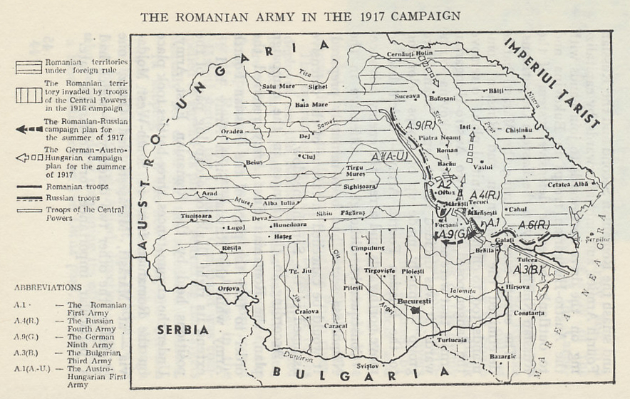 Map of Romania and the Allied and Central Power campaign plans for 1917. 'Romanian Territories under Foreign Rule' include Transylvania, Austria-Hungary, northwest of the Carpathian Mountains, and Bessarabia, Russia, to the east between the Prut and Nistru Rivers, regions with large ethnic Romanian populations. From 'Romania in World War I, a Synopsis of Military History' by Colonel Dr. Vasile Alexandrescu.
Text:
The Romanian Army in the 1917 Campaign
Romanian territories under foreign rule
The Romanian territory invaded by troops of the Central Powers in the 1916 campaign
The Romanian-Russian campaign plan for the summer of 1917
The German-Austro-Hungarian campaign plan for the summer of 1917
Romanian troops
Russian troops
Troops of the Central Powers