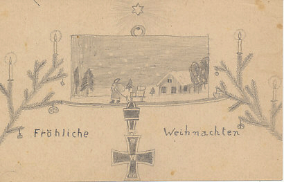 Saint Nicholas pulls his sled along a road stretched between two Christmas tree boughs and Christmas greetings. The Iron Cross below is dated 1917.
Text:
Fröhliche Weihnachten
Merry Christmas