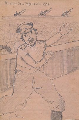 Russia's 1917 Offensive — the Kerensky Offensive — a pencil sketch of a Russian soldier fleeing his trench as Central Power bayonets rise over it. The failed offensive was Russia's last of the war. By Ger. F. Kollar, addressed to Frau Hermine Kollar of Vienna.
Text:
Russlands = Offensive 1917
Russia's 1917 Offensive
Ger. F. Kollar
Reverse:
Addressed to Frau Hermine Kollar, Wien
Hermione Kollar, Vienna