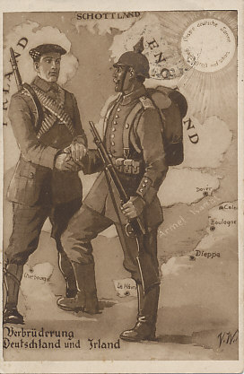 Irish and German brotherhood. Standing in France, an Irish rebel soldier clasps the hands of a German soldier. The German sun shines upon the scene. In Germany, Irish rebel Roger Casement tried to raise an Irish unit to fight the British from Irish prisoners of war. Postcard field postmarked October 5, 1915 with a message the same day.
Text:
Verbrüderung Deutschland und Irland
Unsere deutsche Sonne glänz groß und schon.
German-Irish Brotherhood
Our German sun shines great and beautiful.
Reverse:
Field postmarked October 5, 1915, the message dated the same day.
Druck u. Verlag v. Knackstedt & Co., Hamburg 22.
Genehmigt K.B. Kriegsministerium Presse-Referat.
Printed and Published by Knackstedt & Co., Hamburg 22.
Approved by K.B. War Ministry Press Department.