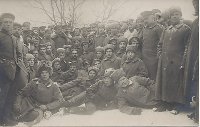 Russo-German fraternization in a photograph January 21, 1918 on the Berezina River, a tributary of the Dnieper and east of Minsk. Part of the message on the reverse side reads: '1/21/18 . . . sending a view from a meeting on the Berezina.' (Translation courtesy of Thomas Faust, eBay's Urfaust.)