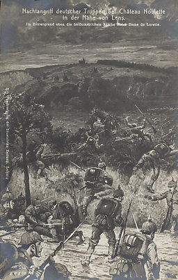 A night raid by German troops at Château Noulette near Lens. The hilltop church, Notre Dame de Lorette, a pilgrimage site in 1914, stood on Loretto Heights, with Vimy Ridge part of the high ground seized by German troops in the Race to the Sea. French commander Joffre hoped to capture Loretto Heights in the First Battle of Artois in December, 1914.
Text:
Nachtangriff deutscher Truppen bei Château Noulette in der Nähe von Lens.
Im Hintergrund oben die heißumstrittene Kirch Notre Dame de Lorette.
Mit Genehmigung der Illustrirten Zeitung, Leipzig
Night raid by German troops at Château Noulette near Lens.
In the upper background is the hotly contested church of Notre Dame de Lorette.
With the permission of Illustrirten Zeitung, Leipzig
A219
E.P. & Co.A.C.