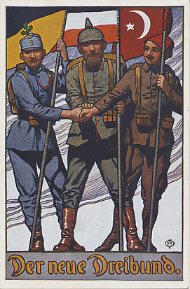 The new Dreibund, or Triple Alliance of Austria-Hungary, Germany, and Turkey. The original Triple Alliance included Italy rather than Turkey, but Italy declared neutrality on August 3, 1914, then war on Austria-Hungary on May 24, 1915. The Austro-Hungarian soldier on the left is holding the Hapsburg flag. Illustration by HR.