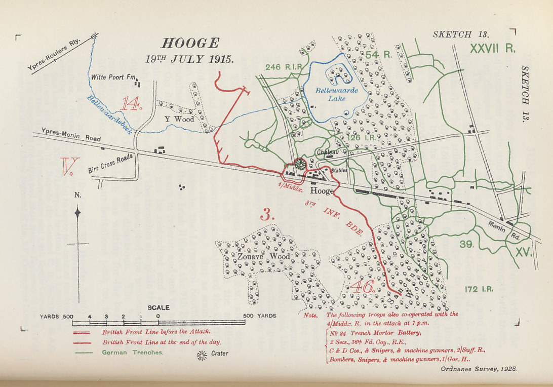 In July 1915, British and German forces fought three engagements in Hooge, a village near Ypres with a destroyed chateau held by the Germans, and its stables held by the British. The British set off a mine to open an attack on July 19 opening a crater 120 feet across. Map from Military Operations France and Belgium, 1915, Vol. II, by Brigadier-General J.E. Edmonds and Captain G.C. Wynne. Map by Major A.F. Becke R.A. (Retired) Hon. M.A. (Oxon.)
Text:
Hooge
19th July 1915