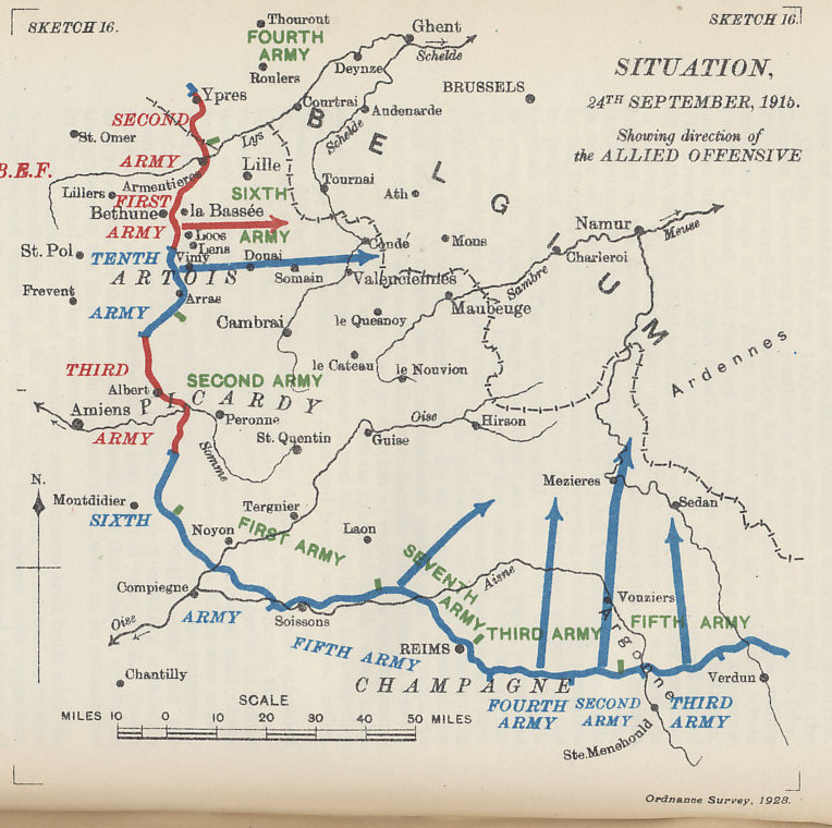 Map of the plan for the Allied Offensive in France showing the situation on September 24, the eve of the infantry assault. An Anglo-French would attack eastward in Artois (with the British at Loos) as the French attacked northwards in Champagne. From 'Military Operations France and Belgium, 1915, Vol. II, Battles of Aubers Ridge, Festubert, and Loos' by Brigadier-General J.E. Edmonds.
Text:
Situation, 24th September 1915
Showing direction of the Allied offensive