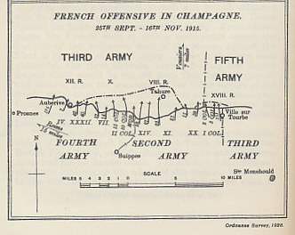 Map of the 'French Offensive in Champagne', the Second Battle of Champagne, and part of the Allied offensive in the autumn of 1915. From 'Military Operations France and Belgium, 1915, Vol. II, Battles of Aubers Ridge, Festubert, and Loos' by Brigadier-General J.E. Edmonds & Captain G.C. Wynne.
Text:
French Offensive in Champagne
25th Sept. - 16th Nov. 1915
[Attacking from the south, the French] Fourth Army, Second Army, Third Army
[To the North, the German] Third Army, Fifth Army