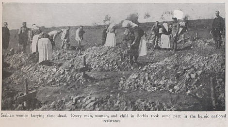 Serbian women burying their dead, from 'The Nations at War, a Current History' by Willis John Abbot, 1917 edition.
Text:
Serbian women burying their dead. Every man, woman, and child in Serbia took some part in the heroic national resistance