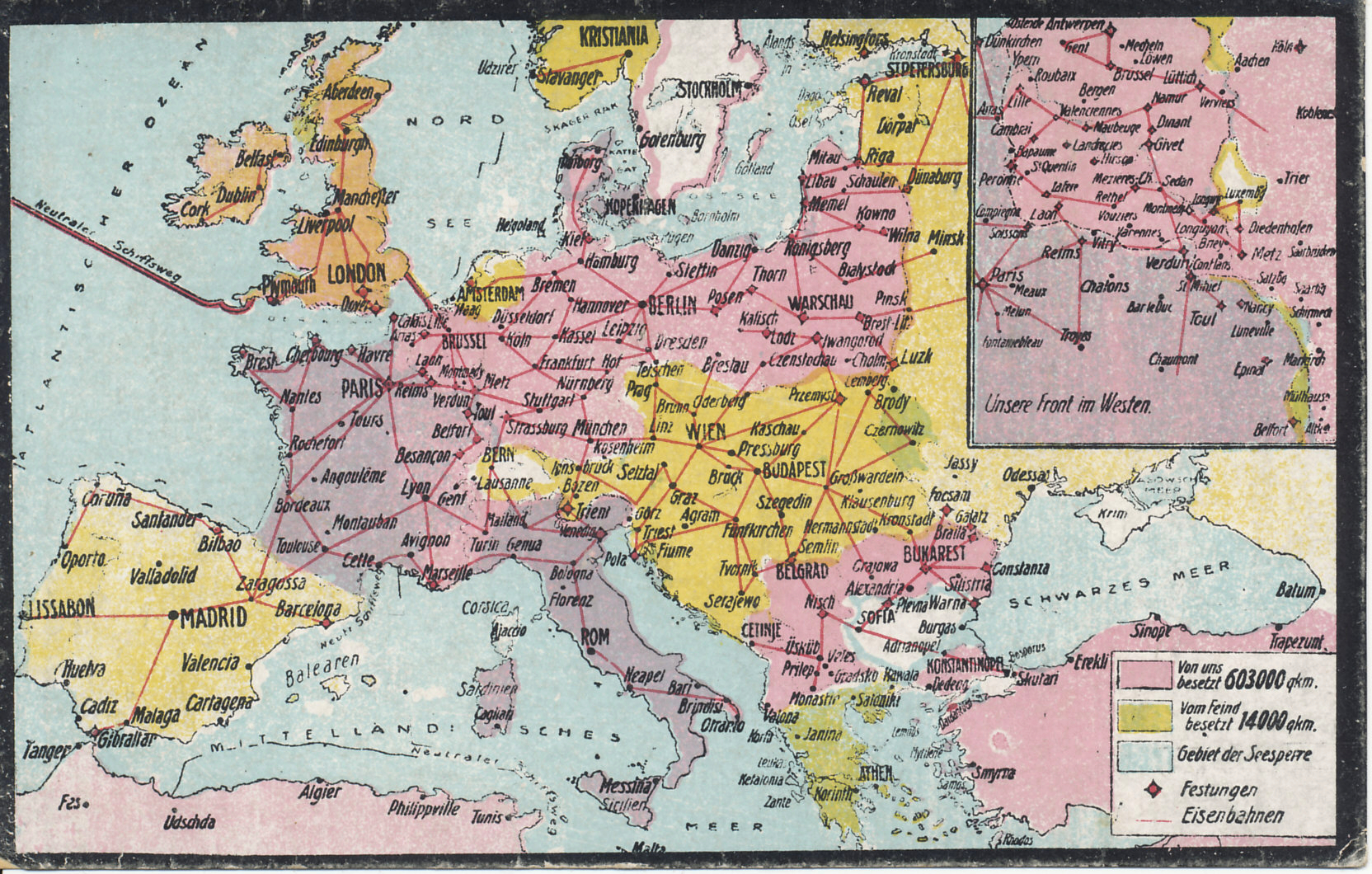 Railroad and occupied territory map of western and central Europe, northern Africa, and Turkey. A German postcard map postdating the taking of Riga  on the Baltic Sea on September 3, 1917. The inset shows the Western Front and French-occupied territory in Alsace, then German Elsass.
Text:
Von uns besetzt 603000 qkm.
Vom Feind besetzt 14000 qkm.
Gebiet der Seesperre
Festungen
Eisenbahnen
Neutraler Schiffsweg
Unser Front im Westen.
We occupy 603,000 square kilometers.
The enemy occupies 14,000 square kilometers.
Area of blockade
fortresses
railways
neutral shipping route
Our front in the West.
Reverse:
Europa im Weltkrieg.
(Zugelassen vom Ministerium des Innern.)
No. 15. Druck u. Verlag v. Felix Grosser, Dresden-A.1.
Europe in the World War.
(Approved by the Ministry of the Interior.)
No. 15. Printing and Publishing bu Felix Grosser, Dresden A.1.