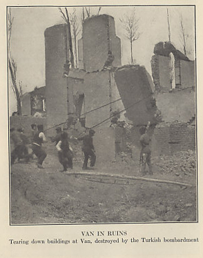 Tearing down the ruins of buildings in Van, Turkey, a town of about 35,000 in 1915, most of them Armenian, after the Turkish bombardment of the city in 1915. From 'Ambassador Morgenthau's Story' by Henry Morgenthau, American Ambassador to Turkey from 1913 to 1916.
Text:
Van in Ruins
Tearing down buildings at Van, destroyed by the Turkish bombardment