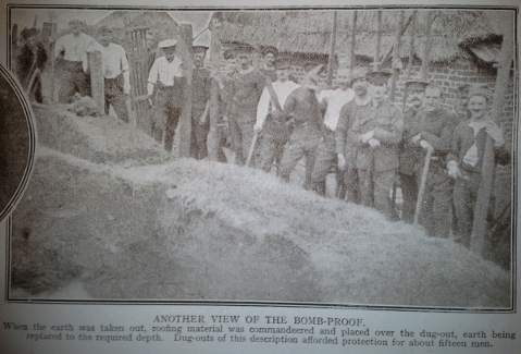 British soldiers standing by a bombproof dugout. From The Great War magazine Part 31.
Text:
Another View of the Bomb-proof.
When the earth was taken out, roofing material was commandeered and placed over the dug-out, earth being replaced to the required depth. Dug-outs of this description afforded protection for about fifteen men.