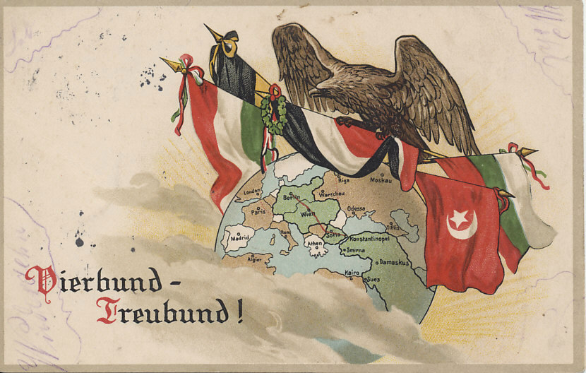 With Bulgaria joining the Central Powers in October 1915 assuring the defeat of Serbia by the end of November, the Balkanzug — the Balkan Railway, shown in red — connected Berlin and Constantinople. By the second week of November, Turkey received ammunition and weapons from its allies.
Text:
Vierbund-Treubund
Quadruple Alliance-True Alliance
Reverse:
Message dated February 28, 1916, and postmarked the next day.
Logo: Erika
Nr. 5448