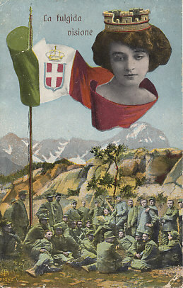 Beneath 'a shining vision' of a crowned Italy, an officer reads the news to his men.
Text:
La fulgida visione
The shining vision