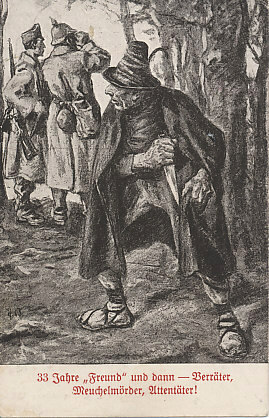 A back-stabbing Italy draws his blade on his allies Austria-Hungary (in peaked cap) and Germany. Italy was part of the Triple Alliance with the two countries, but declared neutrality on August 3, 1914. With promises of territorial gains and a loan to fund its war effort, it joined the Allies, declaring war on Austria-Hungary on May 23, 1915.
Text:
33 Jahre 'Freund' und dann - Verräter, Meuchelmörder, Attentäter!
33 years a 'friend' and then - traitor, assassin, murderer!
Reverse:
Kriegspostkarte No. 57.
Carl Ditmar
Breslau