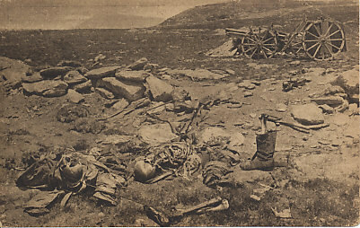 Bones, boots, and abandoned artillery on the battlefield one year later. A Serbian postcard from Kajmak-čelan on what had been the front between Greece and occupied Serbia.
Text:
1914-1918
U borbi za oslobodjenje
Razbojiste Kajmak-čelan nakon godinu dana
In the struggle for liberation
The battlefield of Kajmak-čelan after a year.