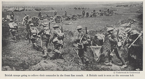 British infantry, artillery, cavalry, and a tank, likely on the Arras front, 1917. From %i1%The Nations at War%i0% by Willis J. Abbot 1918 Edition.
Text:
British troops going to relieve their comrades in the front line trenches. A British tank is seen at the extreme left
© Underwood & Underwood