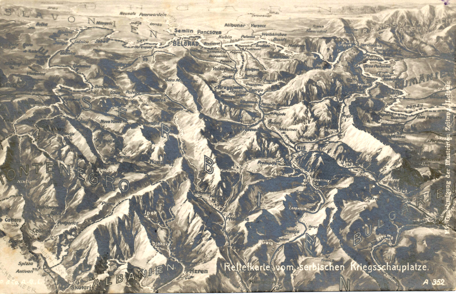 Balkan Front Postcard relief map of the Serbian Front. Although difficult to read, the following landmarks are legible and visible. The plains of Hungary are at the top immediately north of the Danube River and the Serbian capital of Belgrade. The Adriatic Sea is at the bottom left along the coasts of Montenegro and Albania. To the east, south to north, are Bulgaria, Romania, and the Transylvanian Alps. Serbian landmarks include the city of Nisch, and the valleys of the Struma . . .
Text:
Reliefkarte vom serbischen Kriegsschauplatze
A 352
Mit Genehmigung der Illustrirten Zeitung Leipzig
Relief map of the Serbian theater of war
A 352
With permission of the Illustrirten Zeitung Leipzig