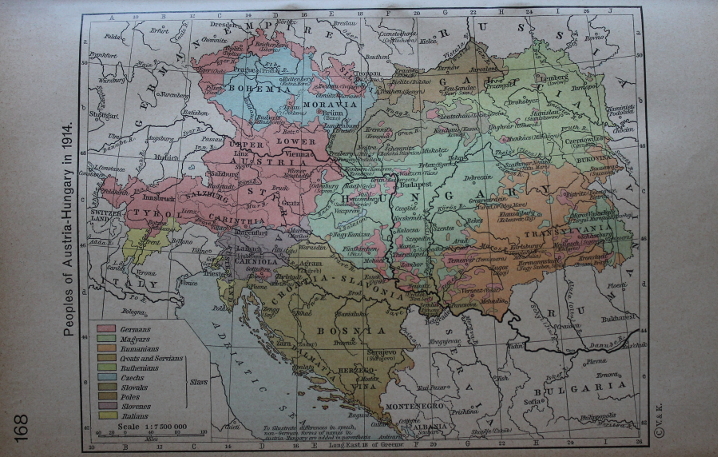 Peoples of Austria-Hungary in 1914 from 'Historical Atlas' by William R. Shepherd. The empire's population included Germans, Magyars, Romanians, Italians, and Slavs including Croats, Serbians, Ruthenians, Czechs, Slovaks, Poles, and Slovenes.