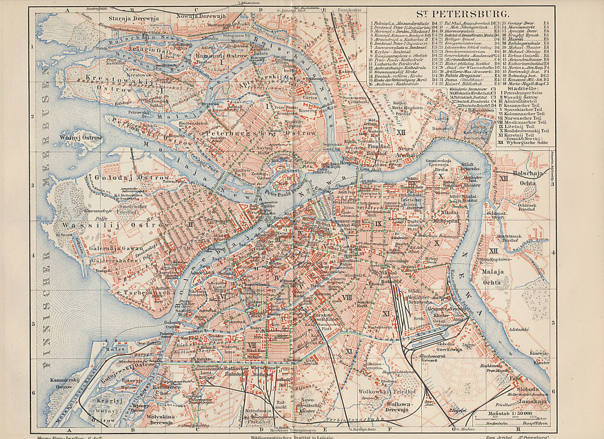 1898 map of St. Petersburg, the Russian capital, from a German atlas. Central St Petersburg, or Petrograd, is on the Neva River. Key landmarks include the Peter and Paul Fortress, which served as a prison, Nevski Prospect, a primary boulevard south of the Fortress, the Finland Train Station, east of the Fortress, where Lenin made his triumphal return, the Tauride (Taurisches) Palace, which housed the Duma and later the Petrograd Soviet.
Text:
St Petersburg (Petrograd); Neva River, Peter and Paul Fortress; Nevski Prospect, Finland Bahnhof (Train Station); Taurisches (Tauride) Palace