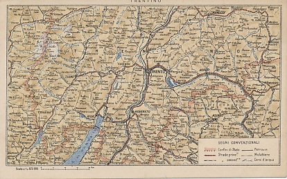 Postcard map of Trentino, Austria-Hungary, with Italy to the south and west. The Trentino had a large ethnic Italian population and was one of Italy's principal war aims. The Italian city of Asiago is on the Asiago plateau, site of the Austro-Hungarian Asiago Offensive from mid-May to mid-June, 1916. The Italians launched a failed offensive north of the city in June, 1917.
Text:
Trentino
Legend:
Confini di Stato
Strada princ.
Strada second.
Ferrovie
Mulattiere
Corsi d'acqua
National borders
Principal roads
Secondary roads
Railways
Mule tracks
Waterways
Scala di 1 a 875,000
Reverse:
Logo:
IPA CT
Cromo
50