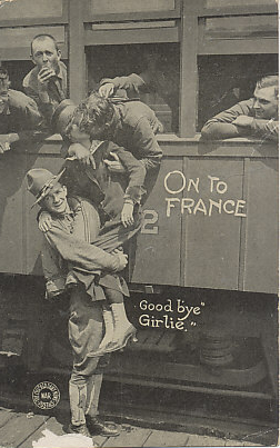 Goodbye Girlie! On to France. An American soldier gives a woman a boost so she can kiss a departing soldier. A postcard from the Chicago Daily News, G. J. Kavanaugh War Postal Card Department.
Text:
On to France
Good bye Girlie.
Logo: The Chicago Daily News War Postals
Reverse:
Post Card
The Chicago Daily News
G. J. Kavanaugh
War Postal Card Department.
Logo: © U & U