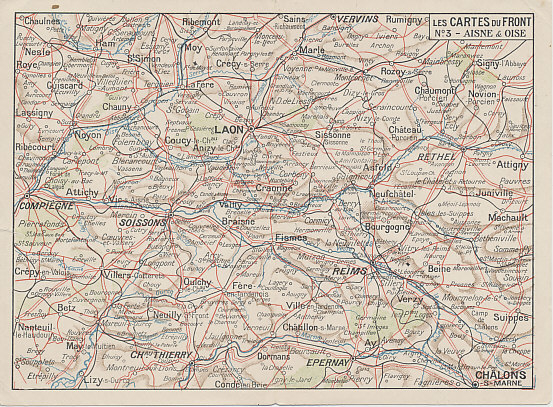 Western Front: Aisne & Oise. French folding postcard map of the Aisne and Oise, number 3 from the series %i1%Les Cartes du Front%i0%. The map includes the Champagne front from Compiègne in the west to Chalons-sur-Marne in the east including Soissons, Chemin des Dammes, Laon, Reims, and Château Thierry.
Text:
Les Cartes du Front
No. 3 — Aisne & Oise
Maps of the Front
Aisne & Oise
En vente chez tous les libraires
Les Cartes du Front
tirées en 5 couleurs
Format Dble. Carte-Postale
No 1. Les Flandres
- 2. Artois, Picardie
- 3. Aisne & Oise
- 4. Argonne — Côte de Meuse
- 5. Lorraine
- 6. Vosges et Alsace
A. Hatier. Editeur.8.Rue d'Assas, Paris.
Outer front:
Correspondence of the Armies
Military Franchise