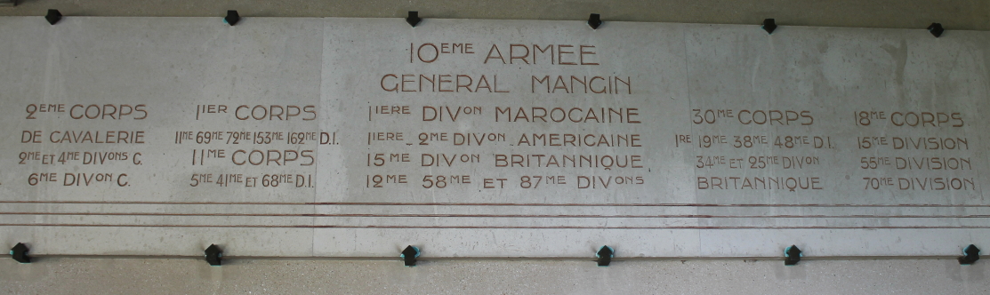 Wall plaque commemorating the 10th French Army under the command of General Mangin in the Second Battle of the Marne from the Dormans Chapel and Memorial, Dormans, France. The army included French, Moroccan, American, and British forces.