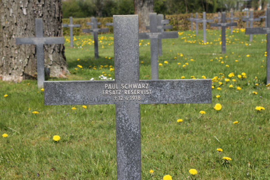 Metal cross grave marker of Army Reservist Paul Schwarz, who died on April 12, 1918, likely in Operation Georgette, the Lys Offensive, launched April 9. From the Laventie German Military Cemetery, Laventie, France.
Text:
Paul Schwarz
Ersatz-Reservist
12.4.1918
Paul Schwarz
Army Reservist
April 12, 1918