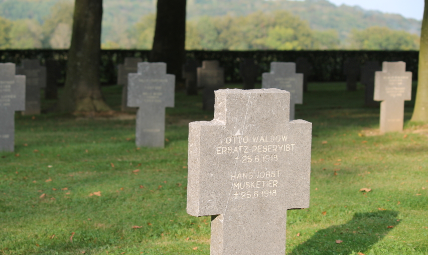 Shared headstone of Otto Waldow, replacement reservist, and Hans Jobst, infantryman, in the Belleau German Cemetery, Belleau, France, died June 25, 1918, possibly during the final American assault to seize Belleau Wood, a battle begun on June 6.