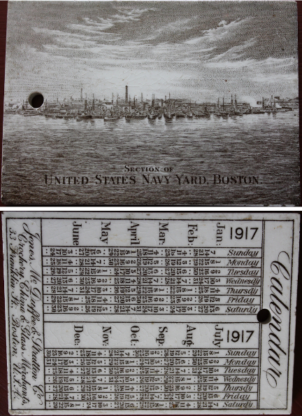 1917 Wedgwood Calendar Tile with the U.S. Navy Yard in Boston
Text:
Section of United States Navy Yard, Boston
Reverse:
1917 Calendar
Jones, McDuffee & Stratton Co.
Crockery, China, & Glass Merchants
33 Franklin St., Boston, U.S.A.