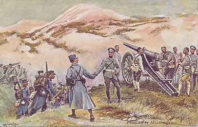 French and Montengrin troops on Mount Lovćen. From Mount Lovćen, Montenegrin artillery were able to bombard the Austro-Hungarian naval base at Cattaro, and began doing so in August, 1914. They conducted an artillery duel with Austro-Hungarian guns on land and on the armored cruiser Kaiser Karl VI, which was joined by three more battleships in September. The French supported the Montenegrins, landing four 12 cm and four 15 cm naval guns in September and moving them into position in the following month, opening fire on October 19. With the addition of SMS Radetsky, the Austro-Hungarian battery was able to overcome the Montenegrin position, which was abandoned by November, 1914. From a painting by Alphonse LaLauze, 1915.
Text:
Batailles des Monts Lowsen, 29 Août 1914.
Français et Monténégrins.
Signed A[lphonse] LaLauze, 1915
Battle of Mount Lovćen, August 29, 1914
French and Montenegrins