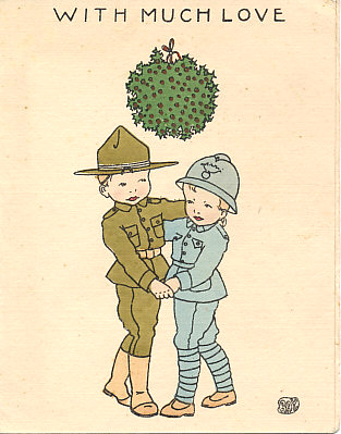 1918 YMCA folding calendar card of two child French and American soldiers dancing beneath a ball of mistletoe and the words "With much Love", by Ray or R.A.Y.
The back cover is a 1918 calendar and the YMCA logo and "Devambez. Gr. Paris". The months are in English and French.
On the inside, two toy soldiers - French and American - holding hands beneath the words 'Best Wishes from "Over Here"' and "1918". Hand written is, "Best Love and Wishes to Little Sister from Big Brother."