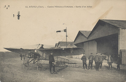 Airmen and a Blériot monoplane at a French Military Aviation Center in Avord, France, approximately 150 miles south of Paris. The photograph is likely pre-war.
Text:
62. Avord (Cher). - Centre Militaire d'Aviation - Sortie d'un Avion.
62. Avord (Cher.) - Military Aviation Centre - Sortie of a plane.
Reverse:
Souvenir du Camp d'Avord
Bonjour affectueux
August
Souvenir of Camp Avord
Affectionate greetings
August