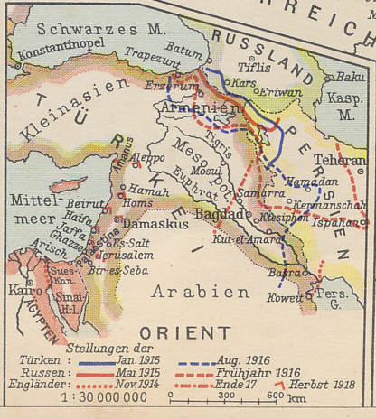 A map of the Russian-Turkish front from Der Weltkrieg 1914-1918, a 1930s German history of the war illustrated with hand-pasted cigarette cards, showing the Turkish Empire in Asia Minor and Mesopotamia, the Mediterranean, Black, and Caspian Seas and the Persian Gulf. To the west is Egypt, a British dominion; to the east Persia. Erzerum in Turkey and Kars in Russia were the great fortresses on the frontier.
Text:
Mittelmeer: Mediterranean Sea
Schwarzes M: Black Sea
Kasp. M.: Caspian Sea
Kleinasien: Asia Minor
Türkei: Turkey
Russland: Russia
Mesopot.: Mesopotamia
Persien: Persia
Agypten: Egypt
Kairo: Cairo
Stellungen der: Positions of the
Türken Jan. 1915. . .August 1916
Russen Mai 1915 . . . Frühjahr 1916
Engländer: November 1914 . . . Ende 1917
Herbst 1918
Positions of the
Turks Jan. 1915 . . . August 1916
Russians May 1915 . . . spring 1916
English: November 1914 . . . the end of 1917
autumn 1918