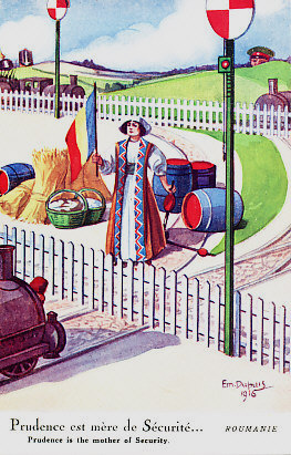 Neutral Romania, personified as a woman in national dress, raises the Romanian flag before her wealth of wheat, baskets of bread, and barrels of food and oil, barring the path of a train from which a Turkish fez peeps. The illustration is not geographically accurate, as Romania did not share a border with Turkey, but did (and does) with Bulgaria, her southern neighbor, who peers over a hill to the right. Over Romania's right shoulder, the spiked helmet of Germany and shako of Austria-Hungary rise above the horizon. By Em. DuPuis, 1916. Romania formally set aside the prudence referred to in the caption on August 27, 1916 when she declared war on Austria-Hungary; she was soon at war with Germany, Bulgaria, and Turkey as well.
Text:
Prudence est mère de Sécurité . . . Roumanie
Prudence is the mother of Security.
Reverse:
Visé Paris No. 116.
Logo: Paris Color 152 Quai de Jemmapes
Carte Postale