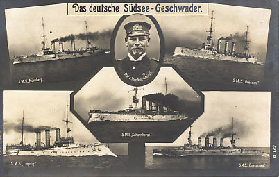 Postcard of the ships of the German South Seas Squadron, commanded by Vice-Admiral Graf von Spee: S.M.S. Nürnberg, Leipzig, Scharnhorst, Dresden, and Gneisenau.

Text:
Das Deutsche Südsee-Geschwader.
Graf v. Spee, Vice-Admiral.
S.M.S. Nürnberg
S.M.S. Leipzig
S.M.S. Scharnhorst
S.M.S. Dresden
S.M.S. Gneisenau
A 142