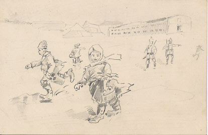 Russian children running from German soldiers. A pencil sketch on blank postcard field postmarked March 31, 1916.
Text, reverse:
Message postmarked March 31, 1916