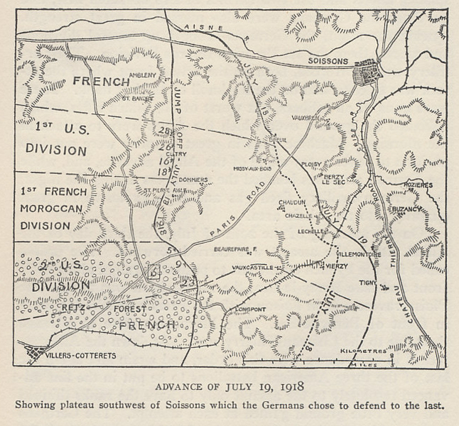 The advance of July 19, 1918 in the Aisne-Marne Offensive. From 'The History of The A.E.F.' by Shipley Thomas.
Text:
The advance of July 19, 1918
Showing plateau southwest of Soissons which the Germans chose to defend to the last.