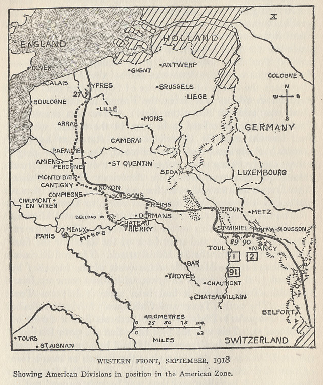 Map of the Western Front in early September 1918 showing the American divisions in position in the American Sector. The Americans reduced the St. Mihiel sector in an offensive beginning on September 12. The dotted line shows the limit of the German advance from March to July prior to the Allied offensives that had retaken all their gains. From 'The History of The A.E.F.' by Shipley Thomas.
Text:
Western Front, September, 1918
Showing American Divisions in position in the American Zone.
