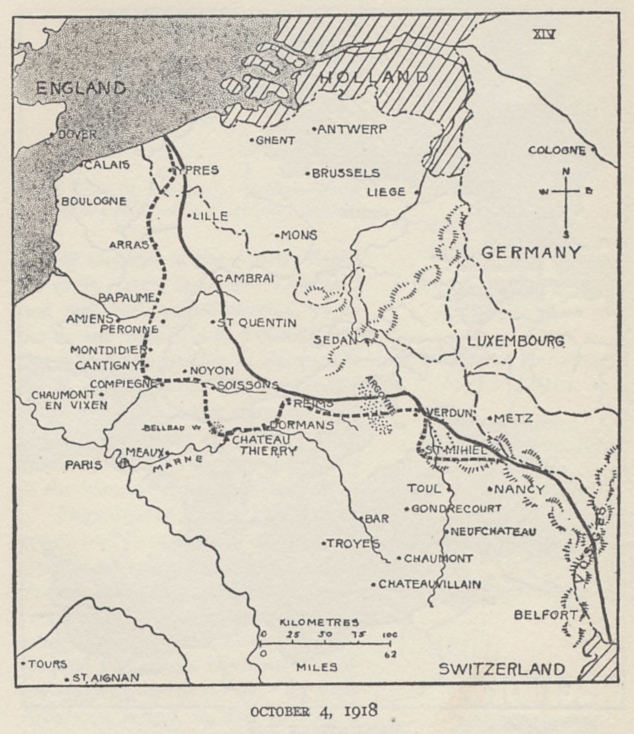 Map of the Western Front on October 4, 1918. From 'The History of The A.E.F.' by Shipley Thomas.
Text:
October 4, 1918