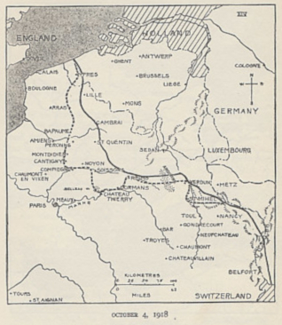 Map of the Western Front on October 4, 1918. From The History of The A.E.F. by Shipley Thomas.