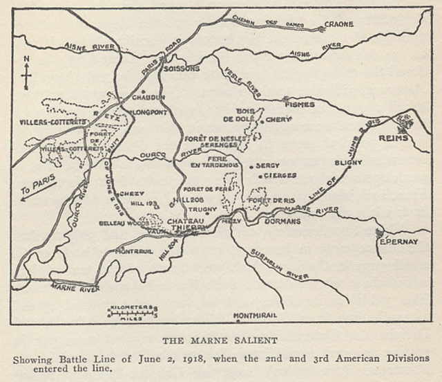Map of the Marne salient showing the battle line of June 2, 1918. From The History of The A.E.F. by Shipley Thomas.