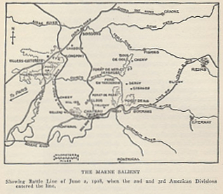 Map of the Marne salient showing the battle line of June 2, 1918. From %i1%The History of The A.E.F.%i0% by Shipley Thomas.
Text:
Map of the Marne salient showing the battle line of June 2, 1918. From %i1%The History of The A.E.F.%i0% by Shipley Thomas.