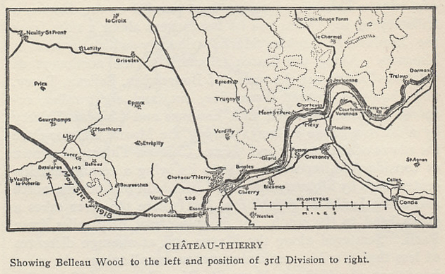 Map of the Marne front line on May 31, 1918 from Belleau Wood to Dormans, where the French and Americans stopped the German advance of 1918. From %i1%The History of The A.E.F.%i0% by Shipley Thomas.
Text:
Château-Thierry
Showing Belleau Wood to the left and position of 3rd Division to the right.