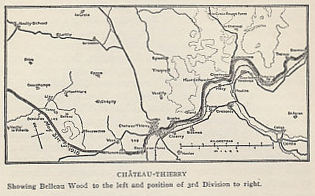 Map of the Marne front line on May 31, 1918 from Belleau Wood to Dormans, where the French and Americans stopped the German advance of 1918. From %i1%The History of The A.E.F.%i0% by Shipley Thomas.
Text:
Château-Thierry
Showing Belleau Wood to the left and position of 3rd Division to the right.