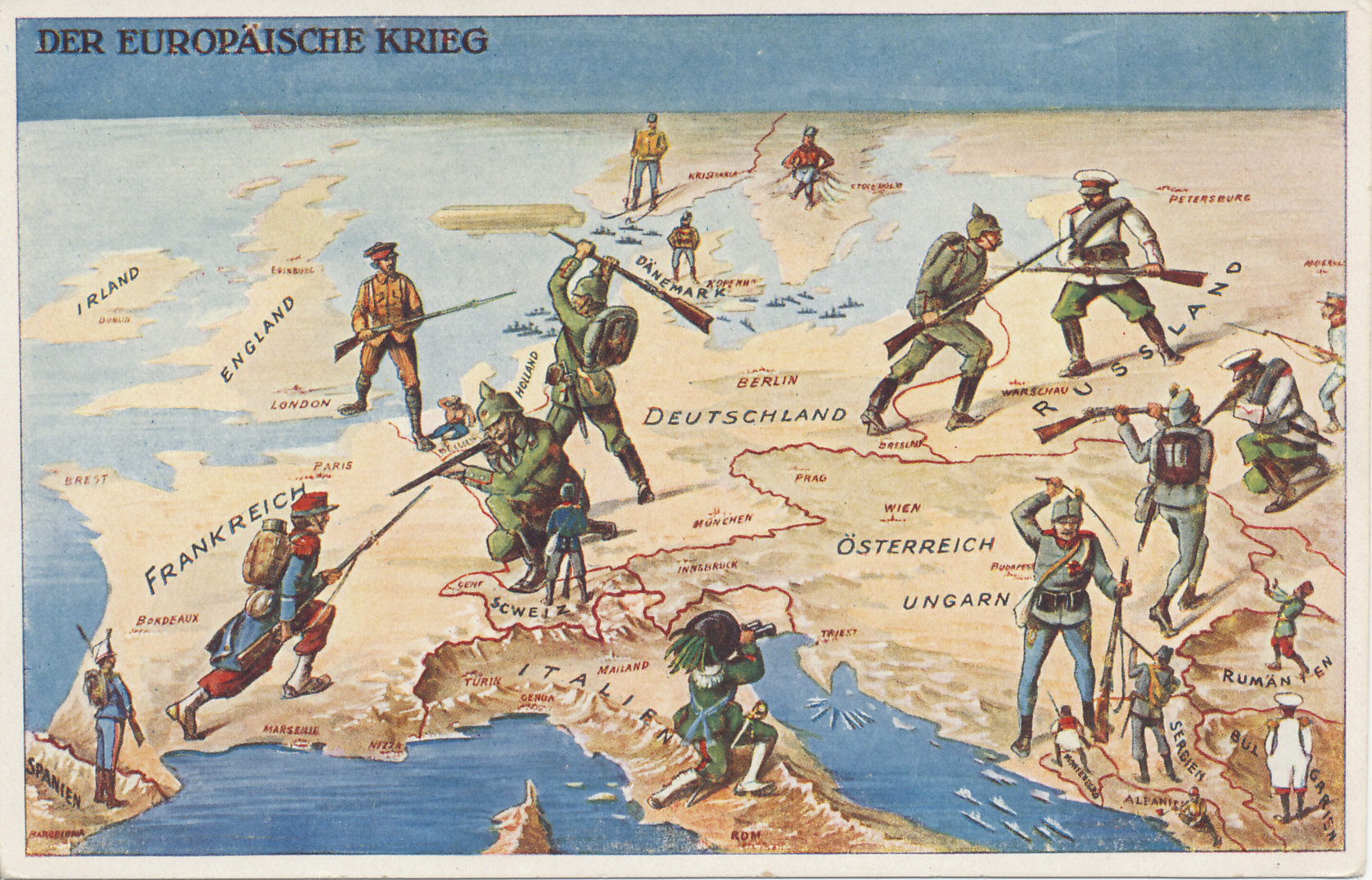 A Swiss postcard of 'The European War' in 1914. The Central Powers of Germany and Austria-Hungary face enemies to the east, west, and south. Germany is fighting the war it tried to avoid, battling Russia to the east and France to the west. Germany had also hoped to avoid fighting England which came to the aid of neutral (and prostrate) Belgium, and straddles the Channel. Austria-Hungary also fights on two fronts, against Russia to the east and Serbia and Montenegro to the south. Italy, the third member of the Triple Alliance with Germany and Austria-Hungary, declared neutrality, and looks on. Other neutral nations include Spain, Norway, Sweden, Denmark, Switzerland, Romania, Bulgaria, and Albania. Japan enters from the east to battle Germany. The German Fleet stays close to port in the North and Baltic Seas while a German Zeppelin targets England. The Austro-Hungarian Fleet keeps watch in the Adriatic. Turkey is not represented, and entered the war at the end of October, 1914; Italy in late May, 1915.
Text:
Der Europäische Krieg
The European War