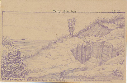 1917 original pen and ink drawing of a sentry in the dunes of the Belgian coast viewing a ship on the horizon. Possibly by W Wenber, Leading Seaman.
Text:
Gescreiben den . . . 1917 (Written the . . . 1917; printed text, the '7' handwritten)
Küstenwacht an der belgischen Küste 
Gaz. A. Wenber Obermatrose
(Coastguard on the Belgian Coast, by? W Wenber, Leading Seaman)